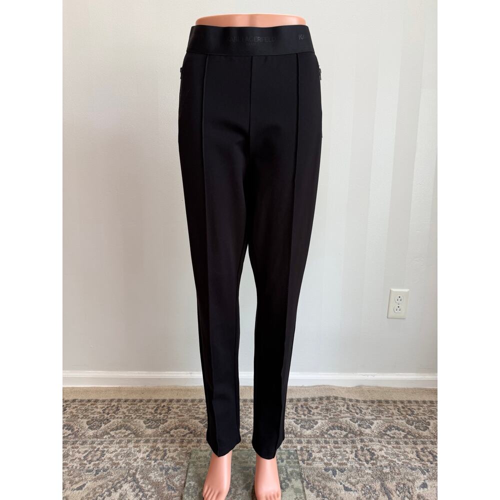 NWT KARL LAGERFELD Paris Black Pull-On Tapered Pants Logo Waistband Sz XL